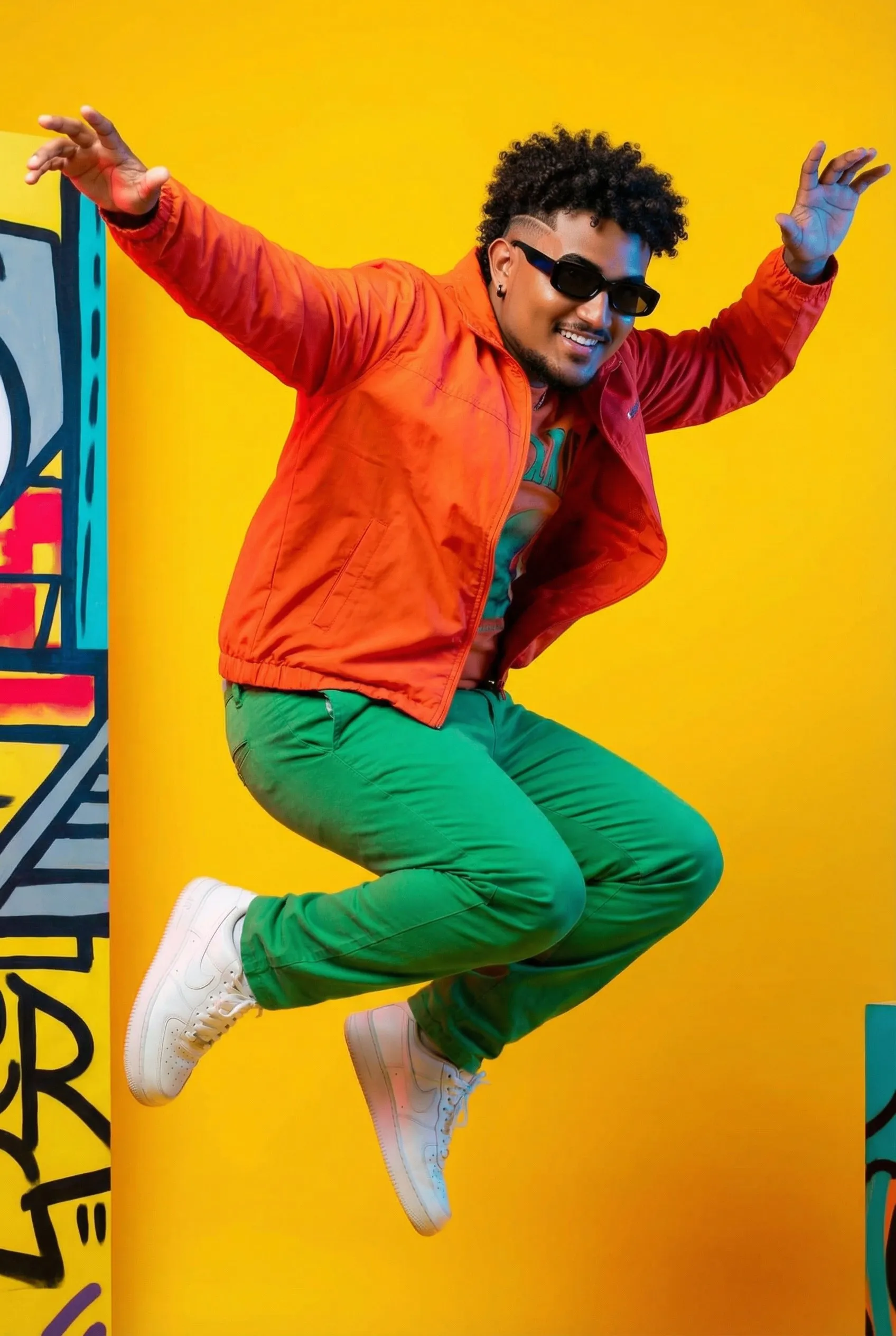 Jhoy Becerra saltando en un fondo amarillo